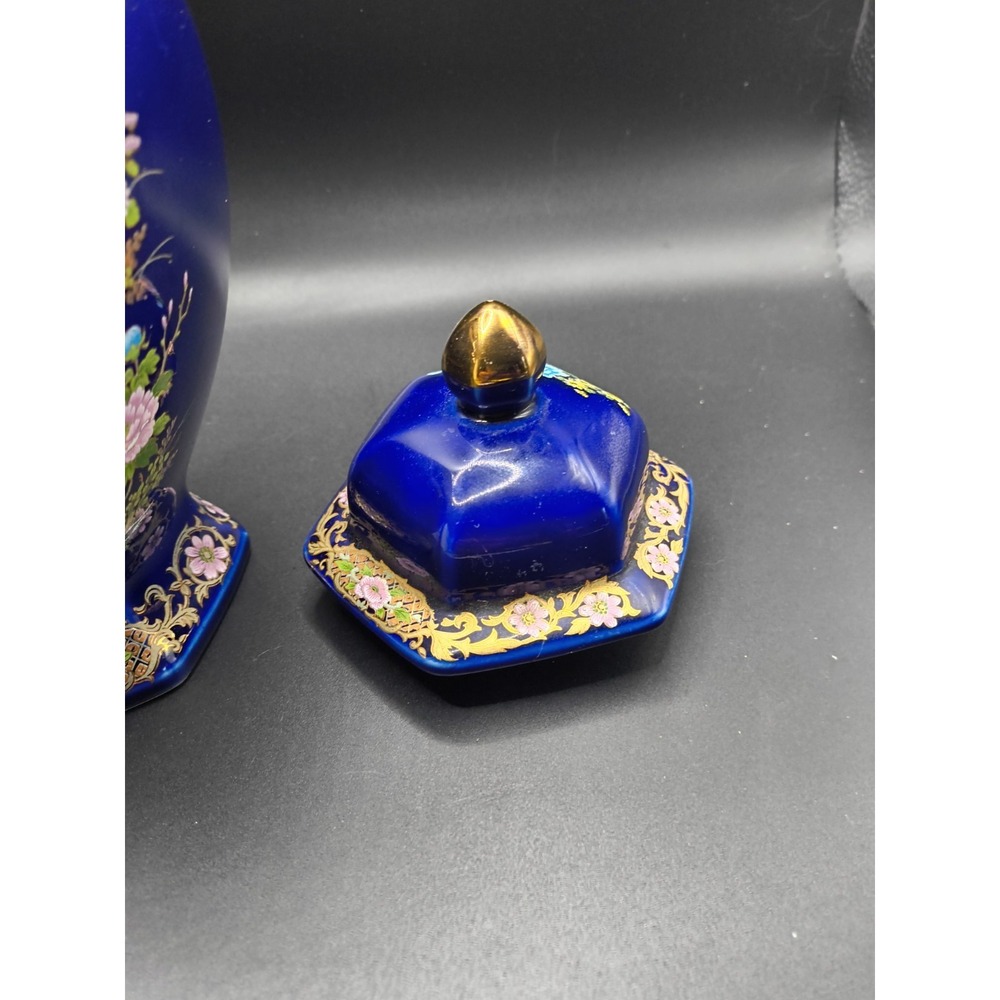 Vintage 1970-80s Japanese Cobalt Blue Ginger Jar - Golden Love Peacock 9" Lidded - Picture 9 of 13